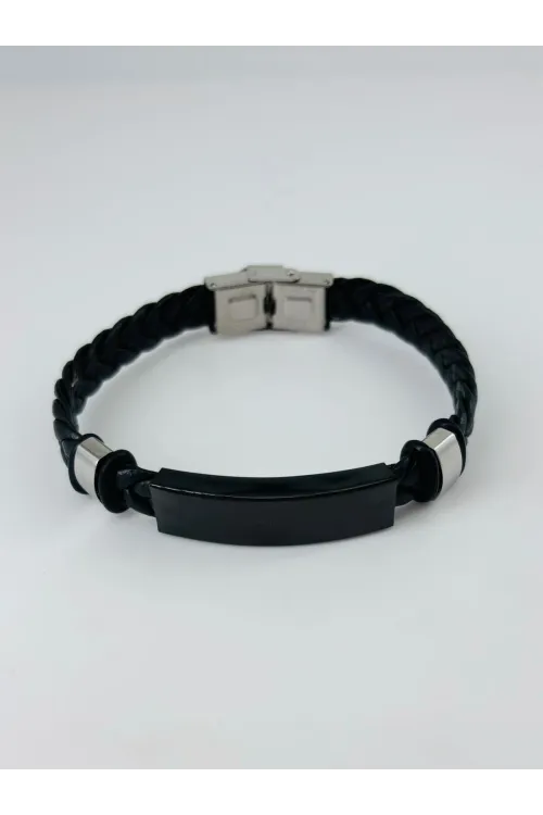 Siyah Deri  / Çelik  Erkek Deri Bileklik 20 Cm  - Ebl0031