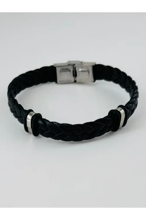 Siyah Deri  / Çelik  Erkek Deri Bileklik 20 Cm  - Ebl0045
