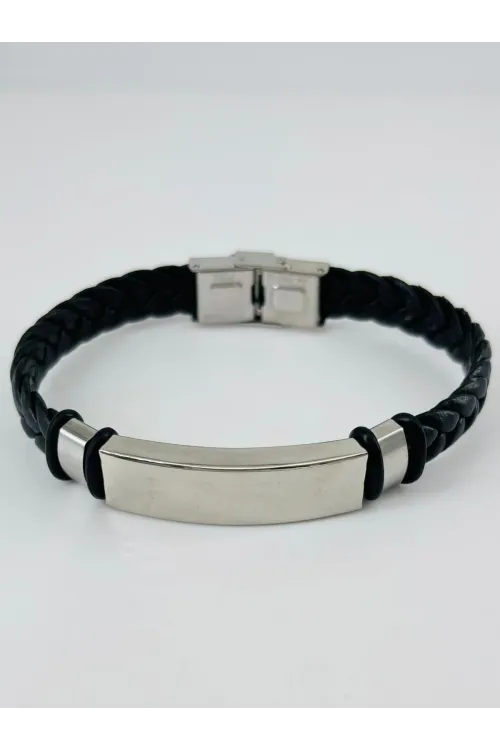 Siyah Deri / Çelik  Erkek Deri Bileklik 20 Cm  - Ebl0057