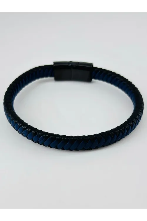 Siyah Deri / Çelik  Erkek Deri Bileklik 20 Cm  - Ebl0059