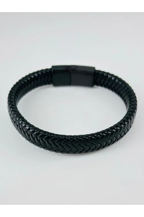Siyah Deri / Çelik  Erkek Deri Bileklik 20 Cm  - Ebl0065