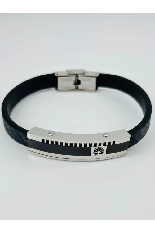 Siyah Deri / Çelik  Erkek Deri Bileklik 20 Cm  - Ebl0084