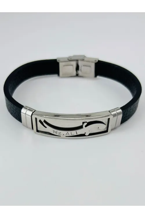 Siyah Deri / Çelik  Erkek Deri Bileklik 20 Cm  - Ebl0092