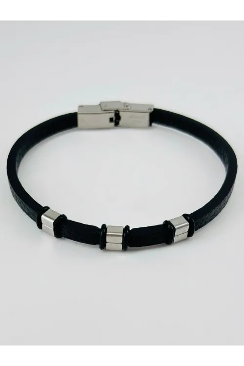 Siyah Deri / Çelik  Erkek Deri Bileklik 20 Cm  - Ebl0096