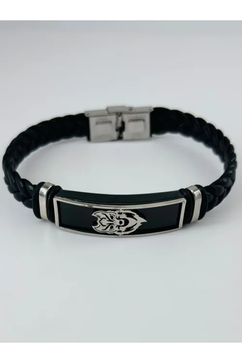 Siyah Deri / Çelik  Erkek Deri Bileklik 20 Cm  - Ebl0104