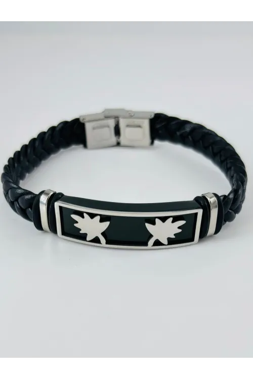 Siyah Deri / Çelik  Erkek Deri Bileklik 20 Cm  - Ebl0106