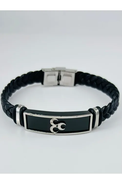 Siyah Deri / Çelik  Erkek Deri Bileklik 20 Cm  - Ebl0121