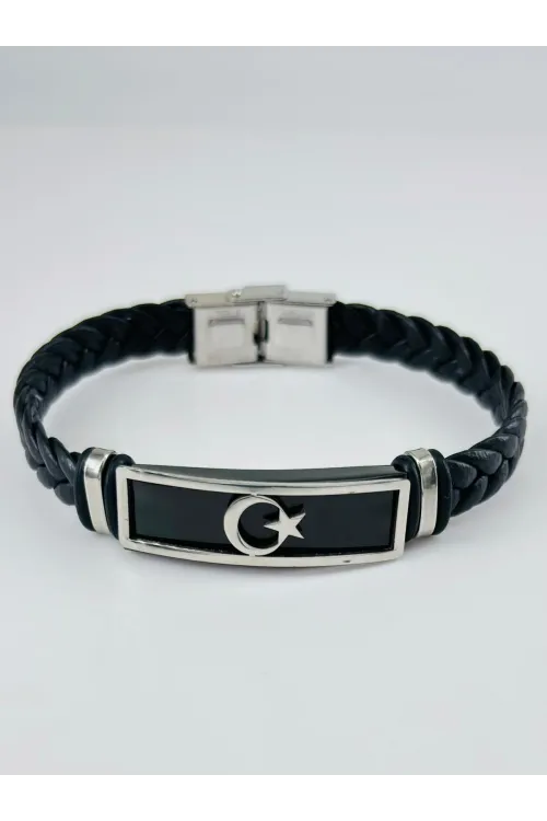 Siyah Deri / Çelik  Erkek Deri Bileklik 20 Cm  - Ebl0125