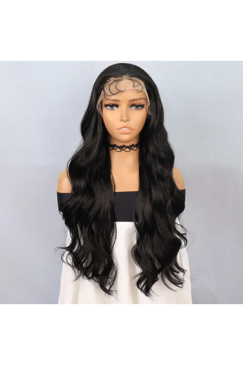 Siyah Fiber Sentetik Front Lace Tül Peruk