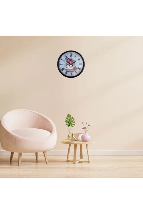 Siyah Floral Tea Cup Duvar Saati