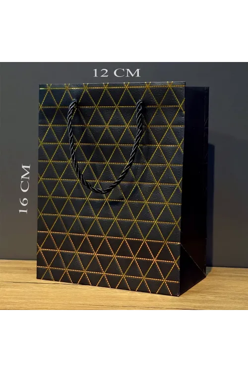 Siyah Geometrik Desenli Mini Boy Karton Hediye Çantası