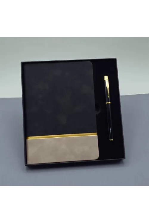 Siyah Gold Detaylı Termo Deri Defter Ve Metal Roller Kalem Hediye Seti