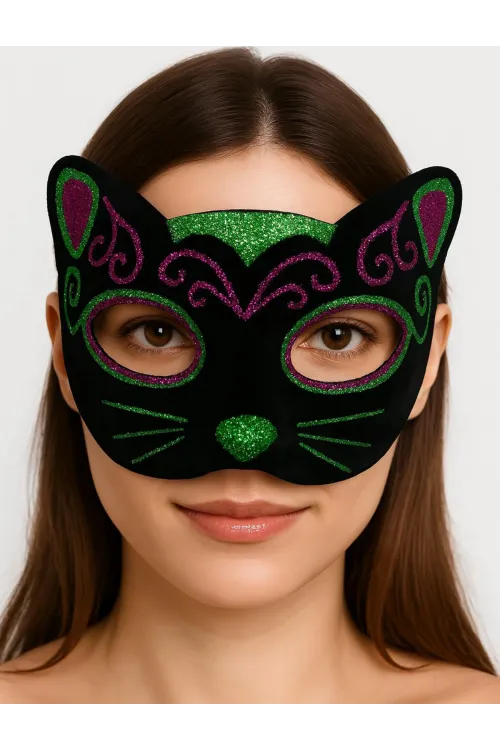 Siyah Kadife Kaplama Üzeri Pembe Yeşil Sim İşlemeli Kedi Maskesi 20x13 cm