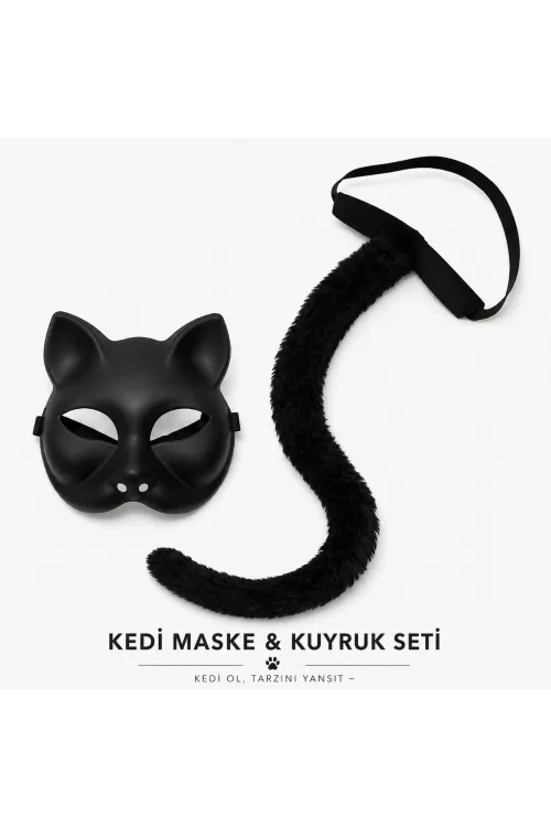 Siyah Kedi Maskesi ve Peluş Kuyruk Kostüm Seti 70 cm