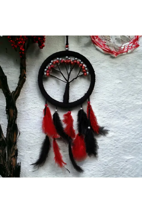 Siyah Kırmızı Hayat Ağacı Dream Catcher