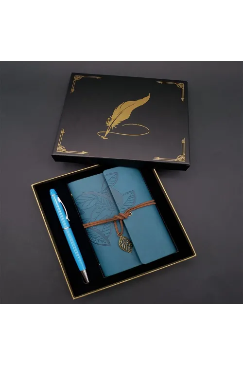 Siyah Kutulu Yaprak Desenli Mavi Deri Defter Ve Kalem Seti