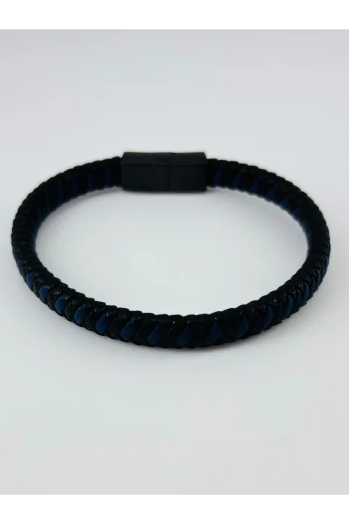 Siyah - Lacivert Deri / Çelik  Erkek Deri Bileklik 20 Cm  - Ebl0052