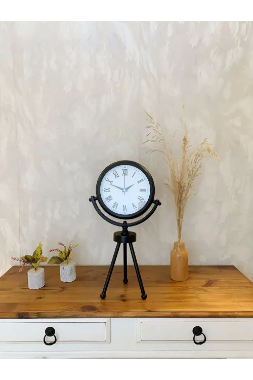 Siyah Metal Mini Tripod Roma Rakamlı Masa Saati 45×26 cm