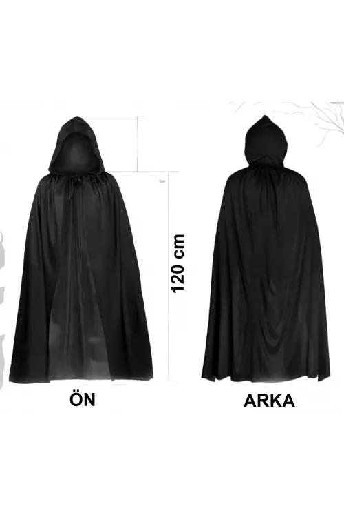 Siyah Uzun Pelerin 120 cm Kapüşonlu – Cosplay ve Parti Kostümü