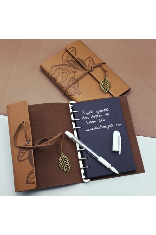 Siyah Yapraklı Deri Defter Ve Kalem Seti