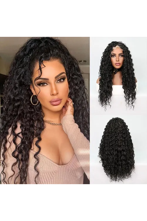 Siyah Yoğun Dalgalı Orta Boy Fiber Sentetik Tül Peruk