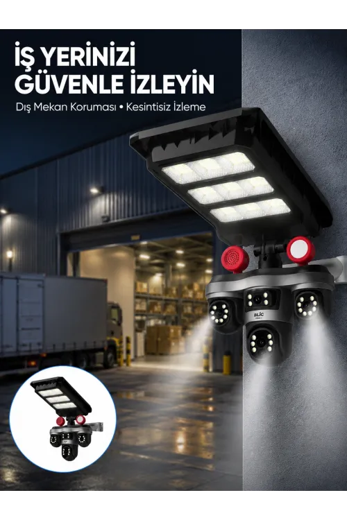 Solar Panelli 3 Lens Dış Mekan Güvenlik Kamerası Hareket Algılamalı Led Aydınlatmalı