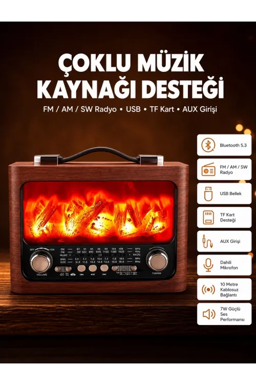 Solar Panelli Alev Işıklı Bluetooth Hoparlör – Çoklu Giriş, Uzun Pil Ömrü