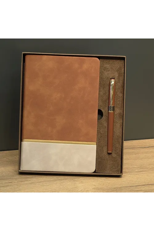 Taba Rengi Gold Detaylı Termo Deri Defter Ve Metal Roller Kalem Hediye Seti