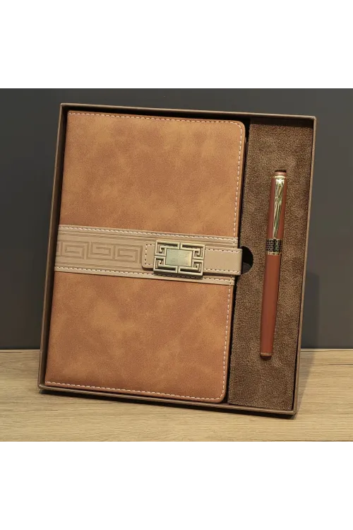 Taba Rengi Termo Deri Defter Ve Metal Roller Kalem Seti