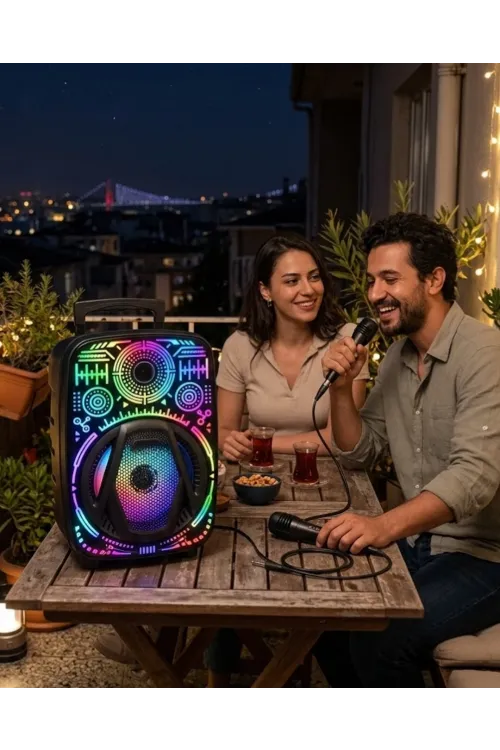Taşınabilir Bluetooth Speaker Mikrofonlu Rgb Işıklı Karaoke Ses Sistemi
