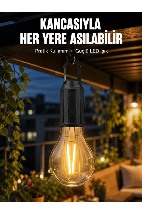 Taşınabilir Şarjlı Led Ampul Askılı Lamba Kamp Bahçe Lambası