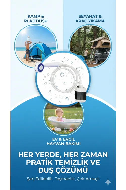 Taşınabilir Şarjlı Seyyar Duş Seti ( Pompa - Hortum - Duş Başlığı )