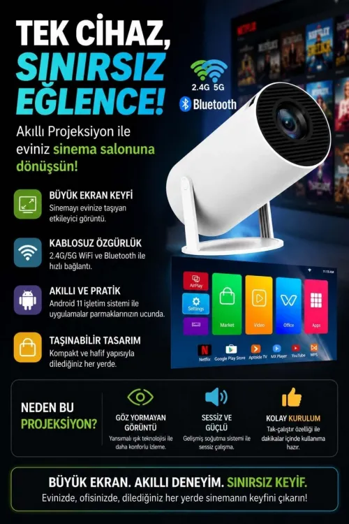 Taşınabilir Sinema Projektörü Bluetooth Android 11 Akıllı Projeksiyon Wifi Beyaz