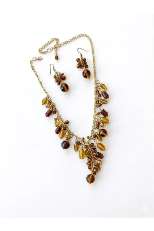 Taşlı Set Kolye - Kahverengi