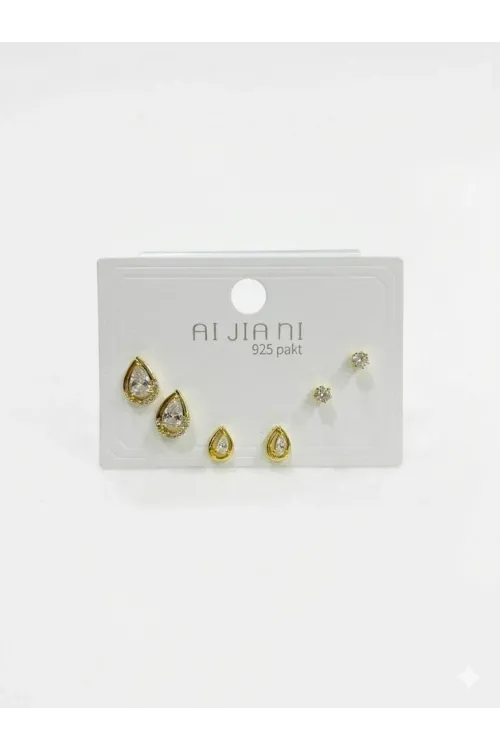 Taşlı Su Damlası Detaylı Altılı Küpe - Kp00584
