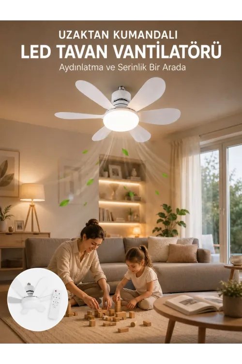 Tavan Vantilatörü Sessiz Motorlu Uzaktan Kumandalı Led Aydınlatma Güçlü Serinletme