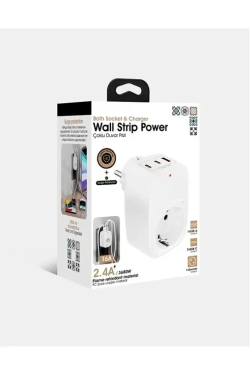 Tekli Yüksek Voltaj Korumalı Duvar Prizi 2x Typec 1x Usb Çıkışlı Priz Grup Priz Çoğaltıcı Beyaz