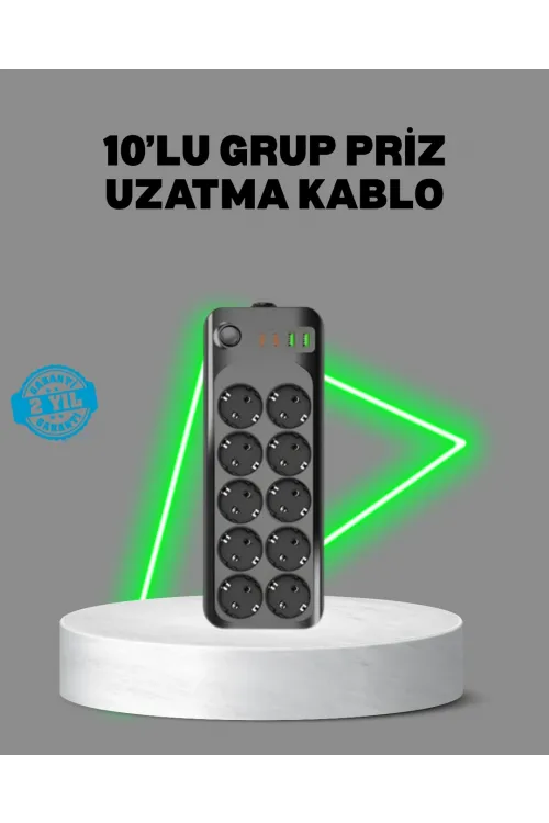 Termal Akım Korumalı 10’lu Grup Priz Usb Type-c Hızlı Şarj 2500w 2m Kablo
