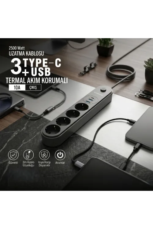 Termal Akım Korumalı 4 Prizli USB Girişli Uzatma Kablosu
