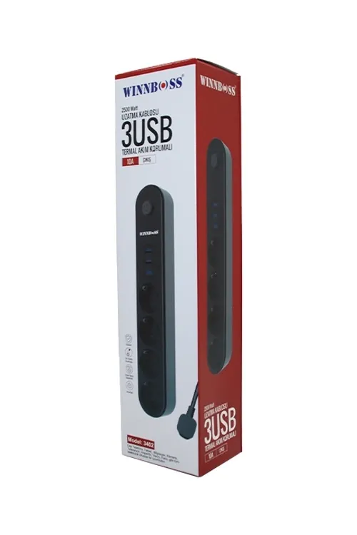 Termal Akım Korumalı 4lü Priz 3xusb 2mt Anahtarlı Uzatma Kablo Siyah 10a - 2500w