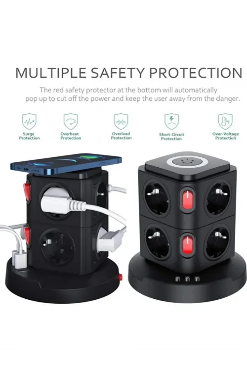Termal Akım Korumalı Isıya Dayanıklı 3 Usb 8 Priz Ve Wireless Kablosuz Şarj 2.4 Amper Kablolu Priz