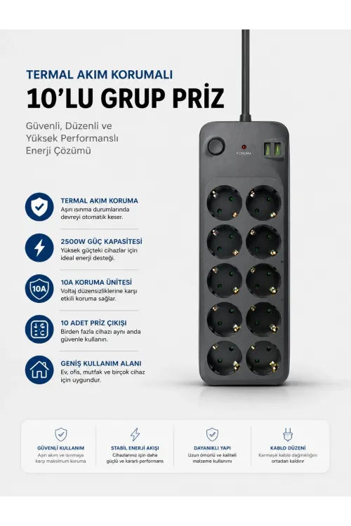 Termal Akım Korumalı Usb Type-c Girişli 10lu Grup Priz 2500w Güç Kapasitesi (kopya)