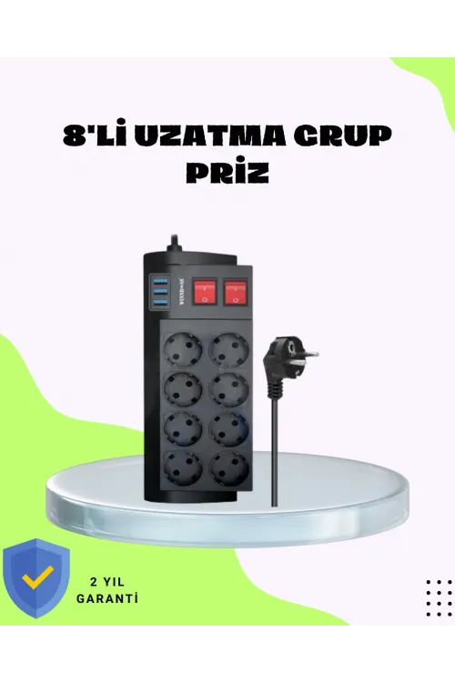 Termal Korumalı 8 Prizli 3 Usb’li Uzatma Kablosu