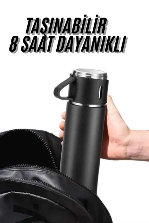 Termos Seti 3lü Bardak Seti Isı Dayanıklı Siyah Paslanmaz Çelik Vakumlu