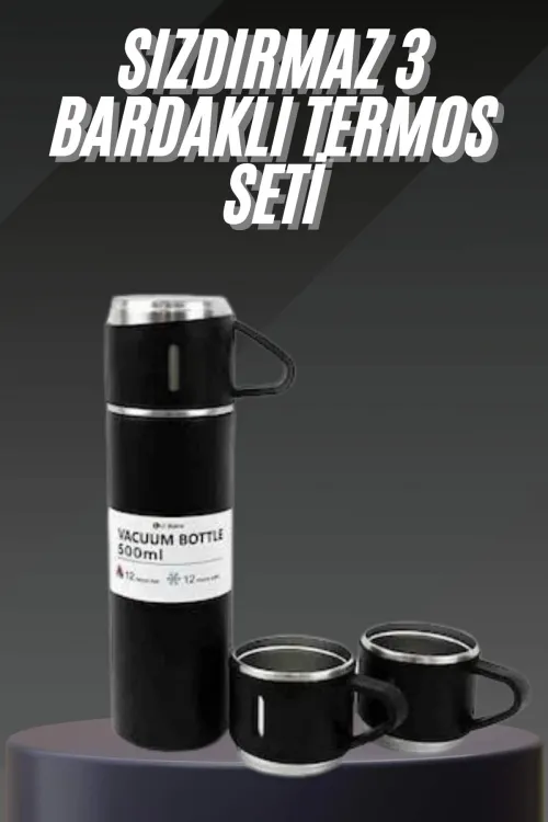 Termos Seti Paslanmaz Çelik 3 Bardaklı Vakumlu Termos Set 500 Ml 12 Saate Kadar Isı Koruma