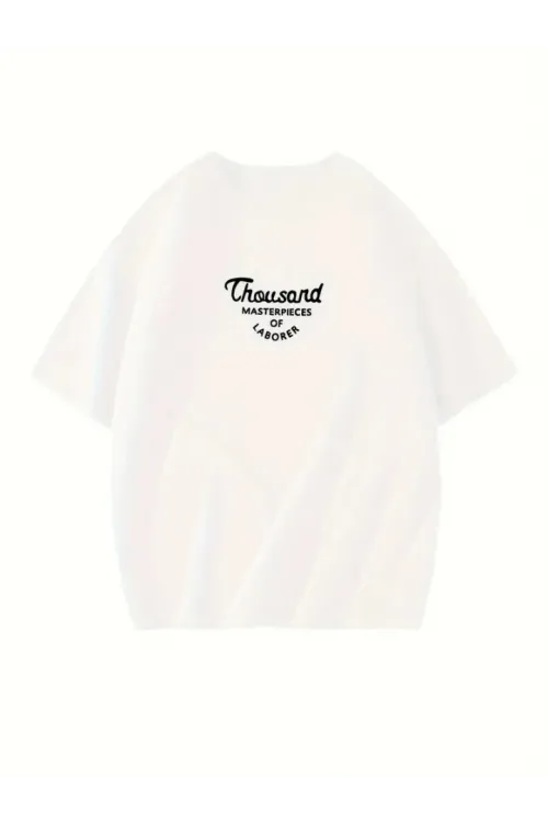 Thousand Baskılı Oversize Bisiklet Yaka T-shirt - Beyaz