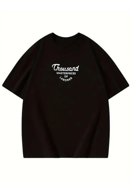 Thousand Baskılı Oversize Bisiklet Yaka T-shirt - Siyah
