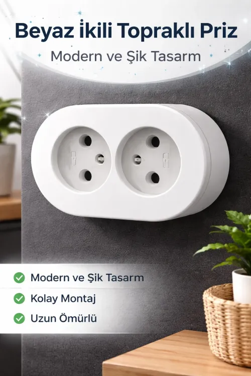 Topraklı Sıva Üstü İkili Set Priz Modern Kırık Beyaz Kolay Kurulum