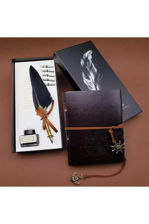 Toptan Tüylü Kalem ve Deri Defter Set