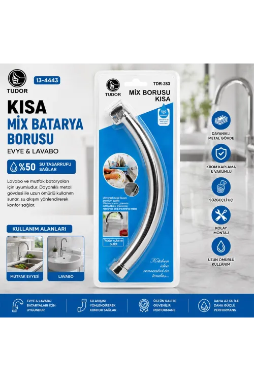 Tudor Tdr-283 ( Kuğu ) ( Evye & Lavabo ) Kısa Mix Batarya Borusu ( Krom Kaplama & Vakumlu & Süzgeçli Uç)*100